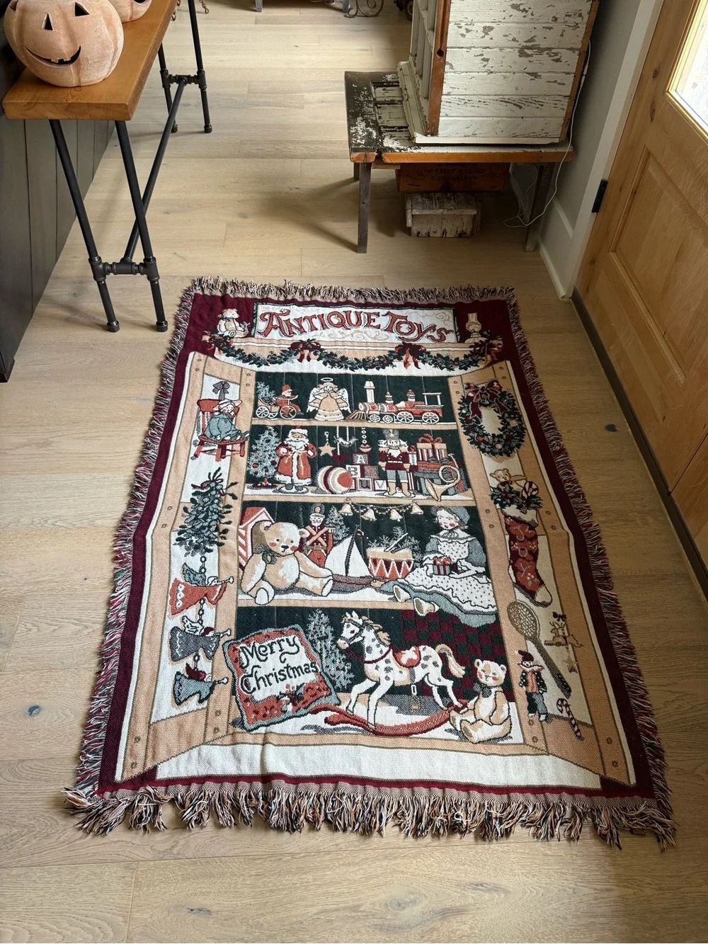 Vintage Fieldcrest Antique Holiday Throw Blanket - Burgundy, Green, Cream
